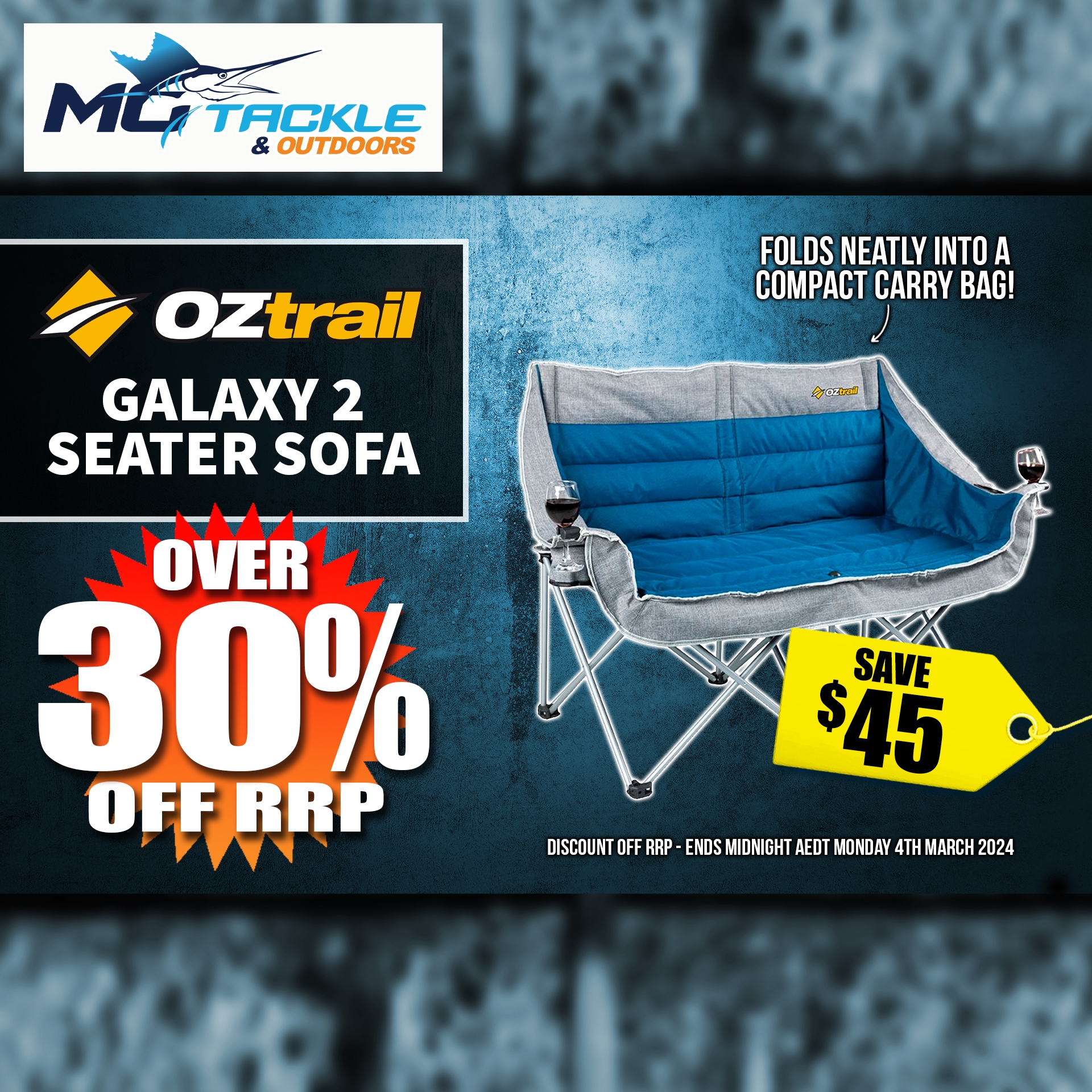 Over 30% off OZTRAIL GALAXY 2 SEATER SOFA WITH ARMS