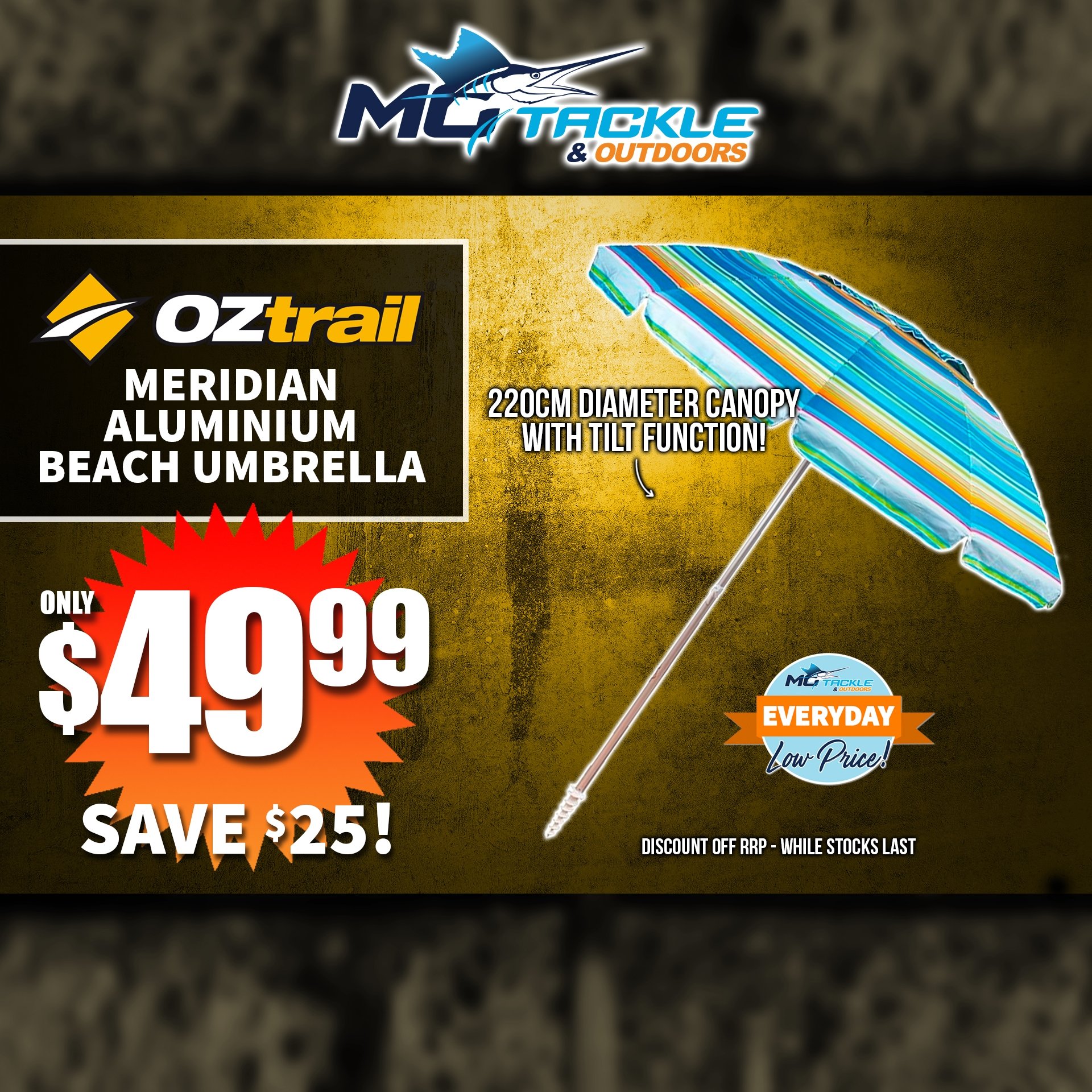 OZTRAIL MERIDIAN ALUMINIUM BEACH UMBRELLA TILT W/ VENT (E) only $49.99