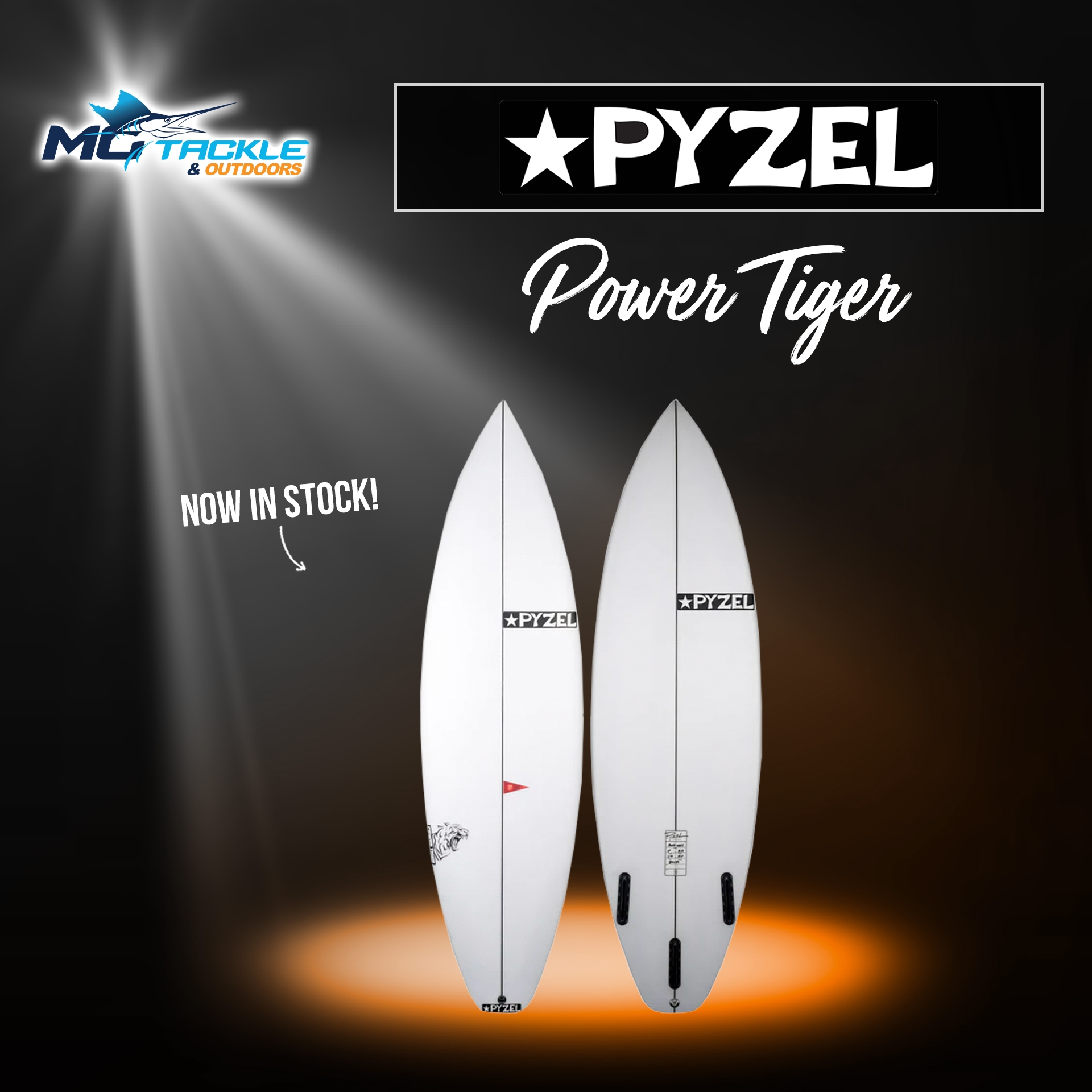 New - PYZEL POWER TIGER SURFBOARD - FCS2 FINS