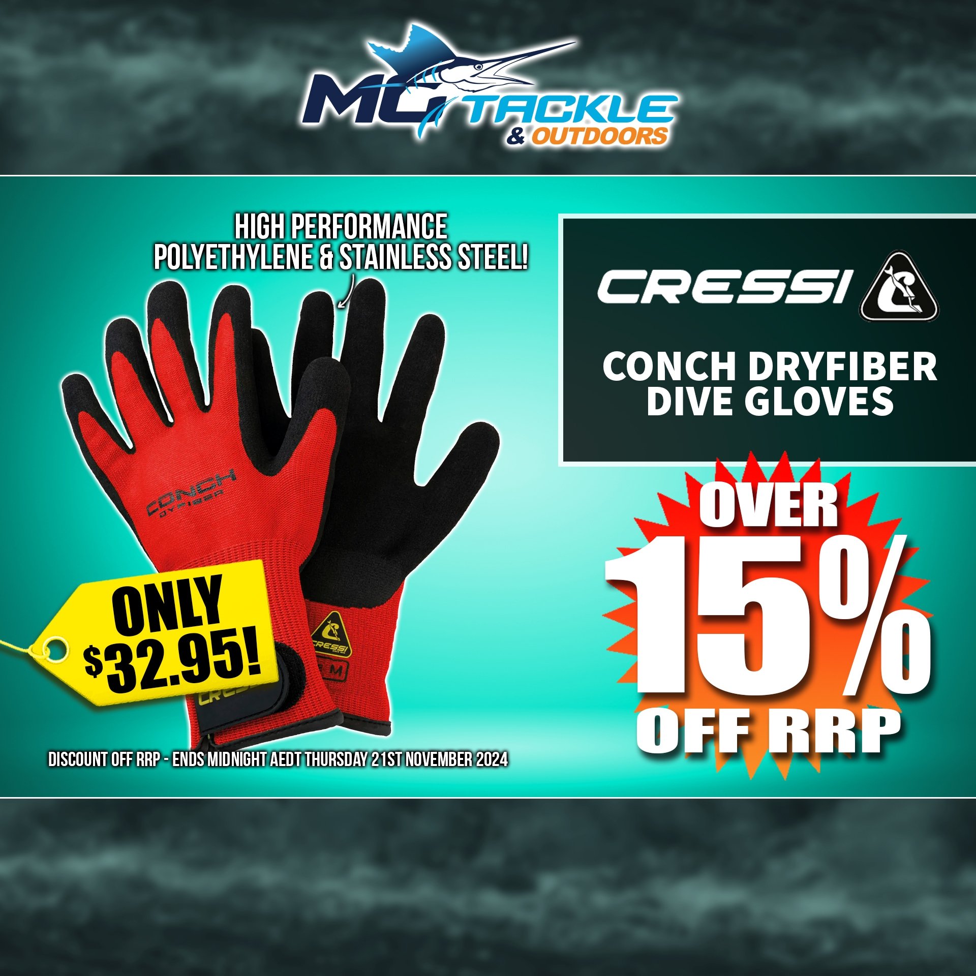 CRESSI CONCH DRYFIBER DIVE GLOVES only $32.95