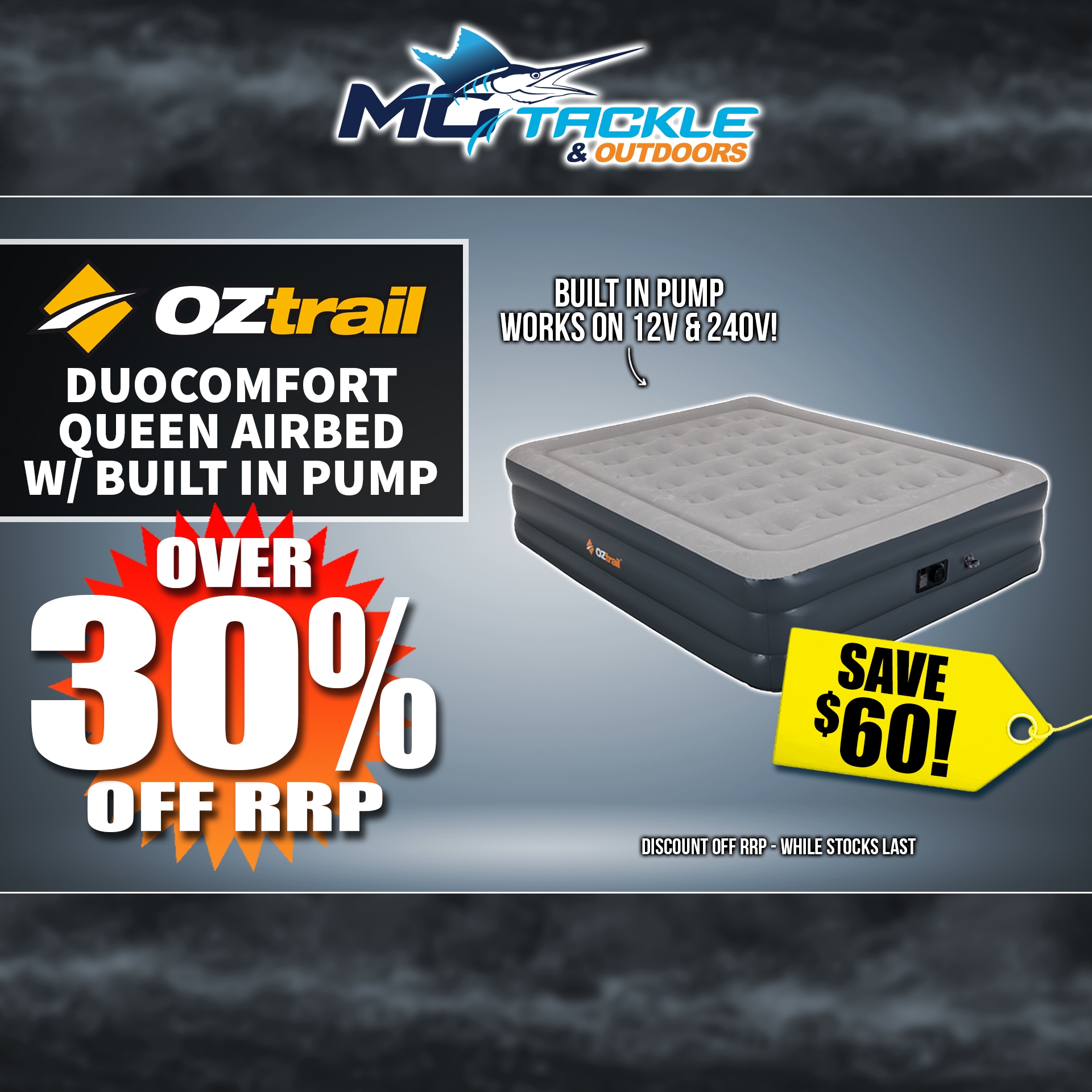 OZTRAIL DUOCOMFORT QUEEN AIRBED W/ 12V/240V BUILT-IN PUMP only $129.99