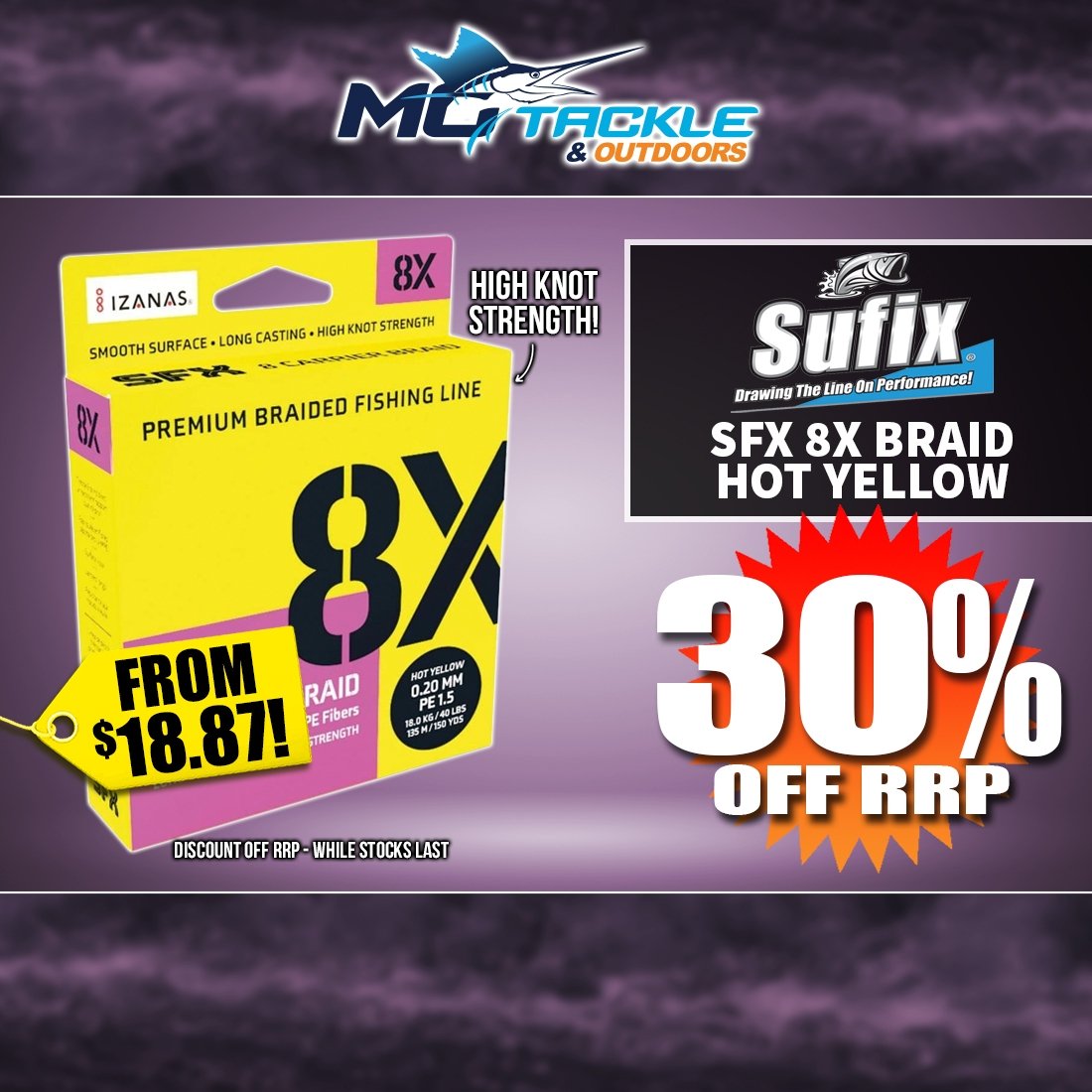 30% off SUFIX SFX 8X Hot Yellow Braid