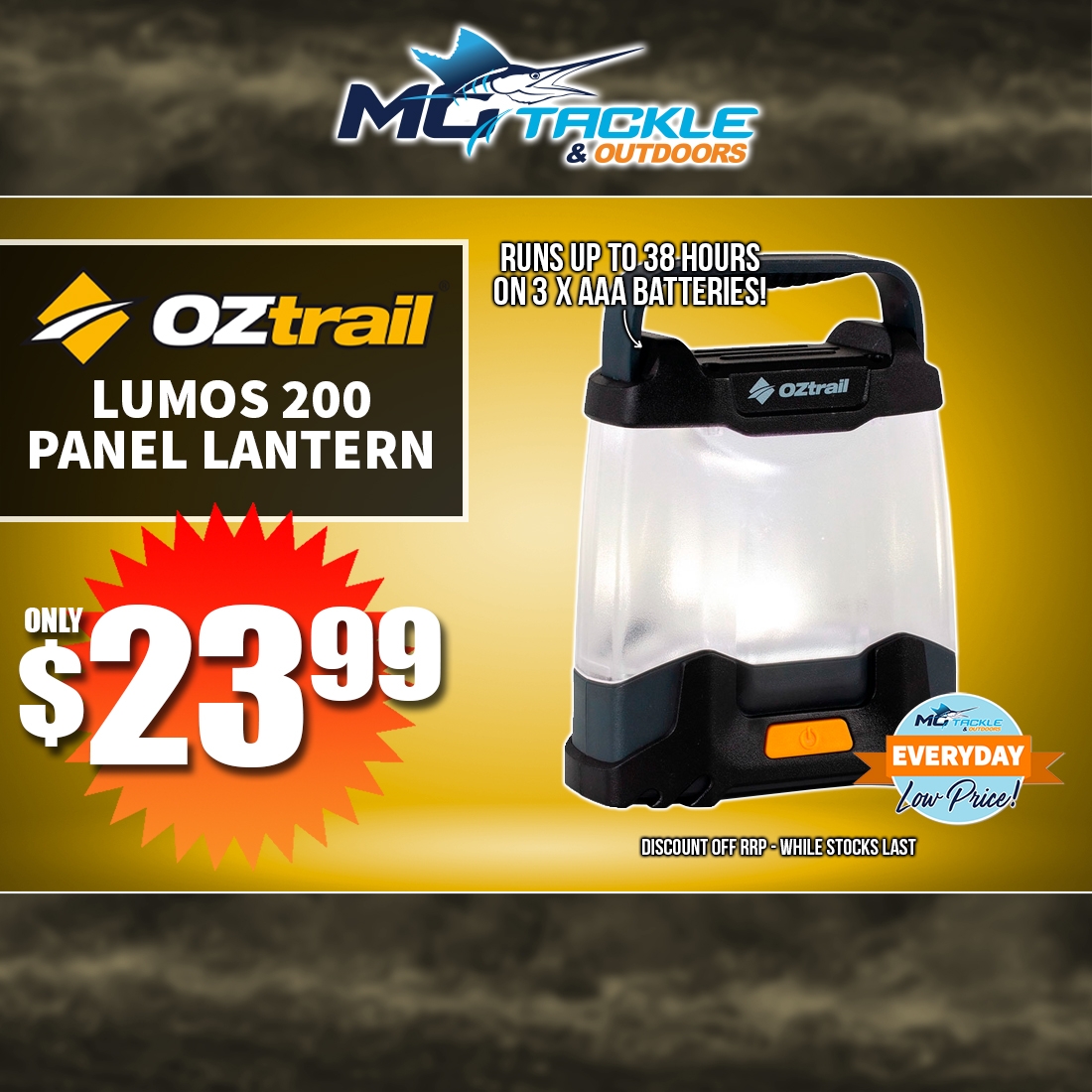 OZTRAIL LUMOS 200 PANEL LANTERN only $23.99