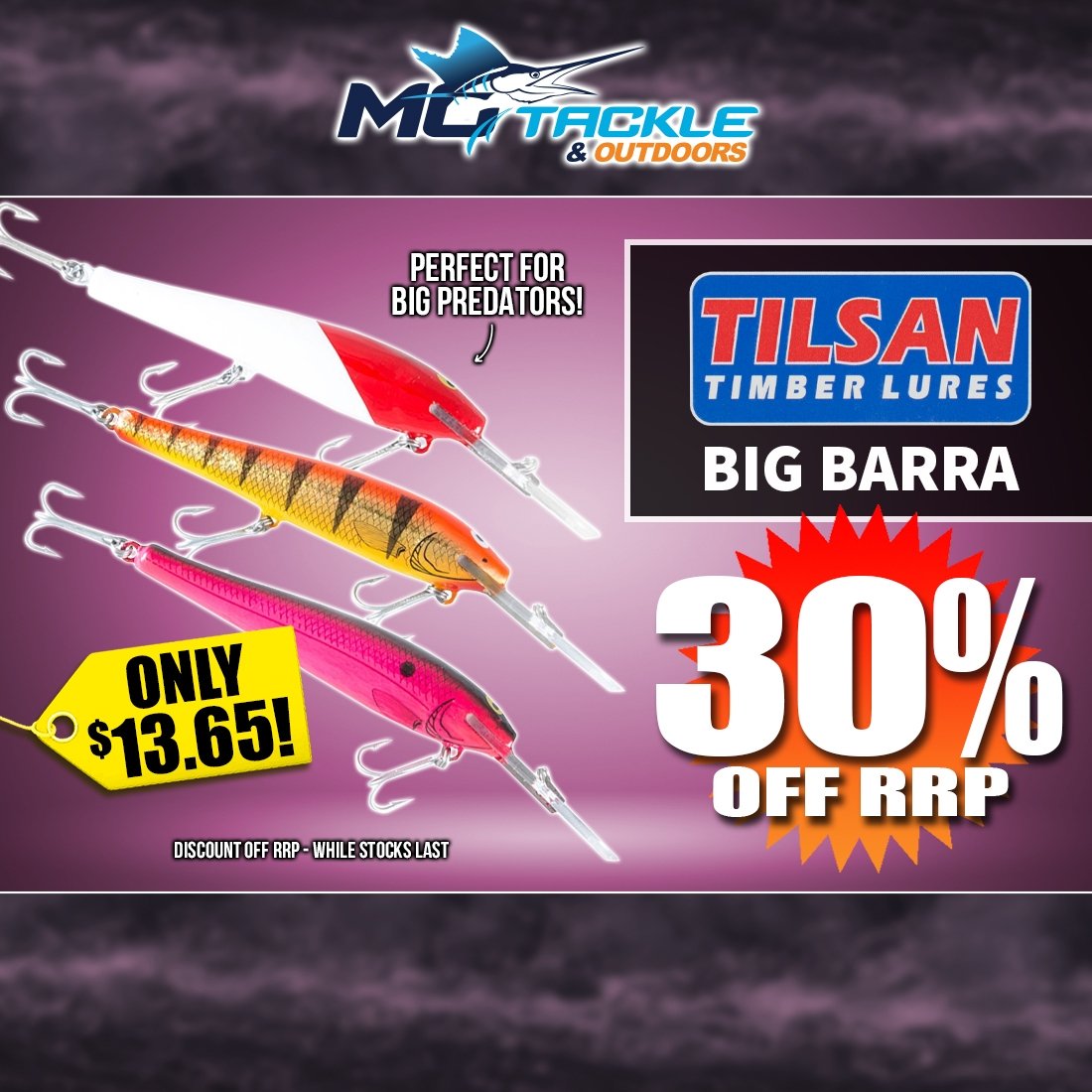 30% off TILSAN Big Barra Lures