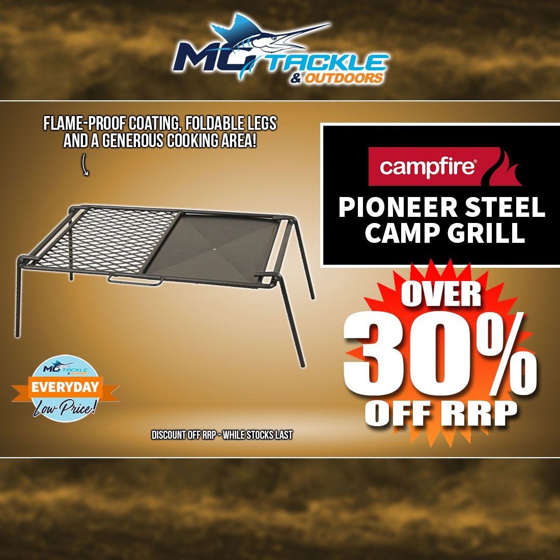 Over 30% off Campfire Pioneer Steel Camp Grill 65 x 42cm