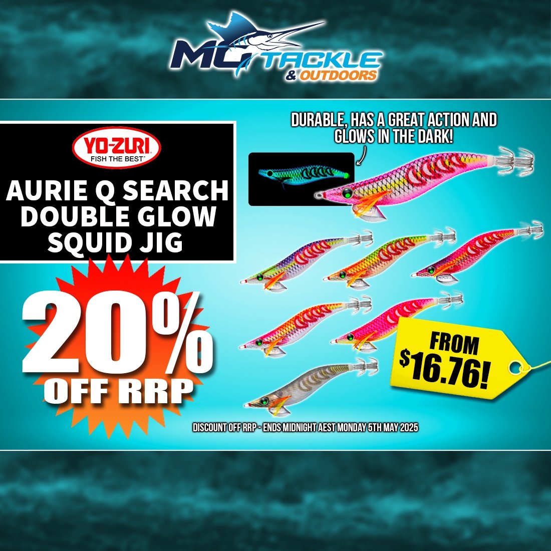 20% off Yo-Zuri Aurie Q Search Double Glow Squid Jig
