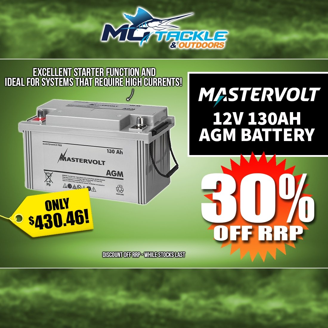 30% off Mastervolt 12v 130ah AGM Battery