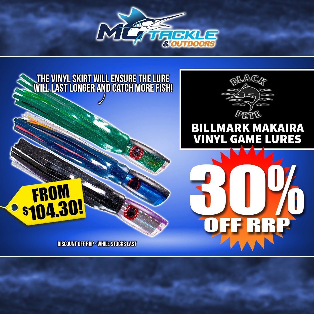 30% off BLACK PETE BILLMARK LURES MAKAIRA VINYL LURE
