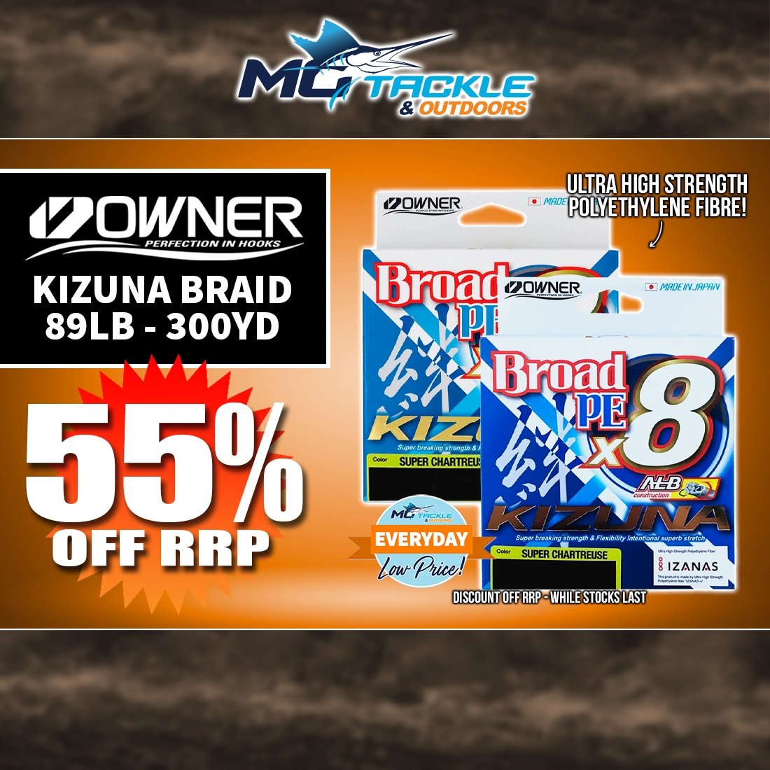 55% off OWNER KIZUNA BROAD PE X8 BRAID - 300YD
