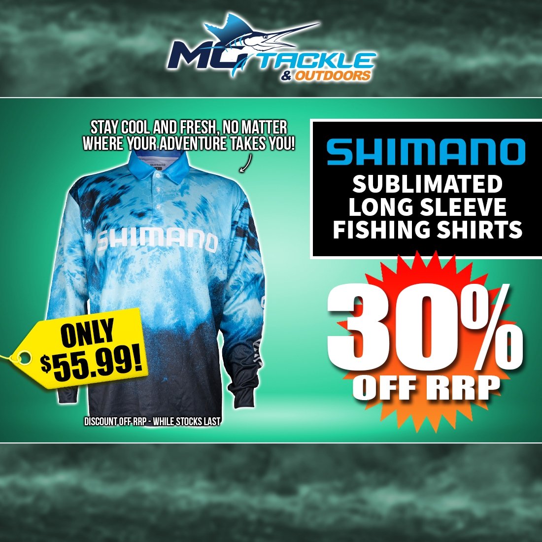 30% off SHIMANO SUBLIMATED LONG SLEEVE FISHING SHIRT