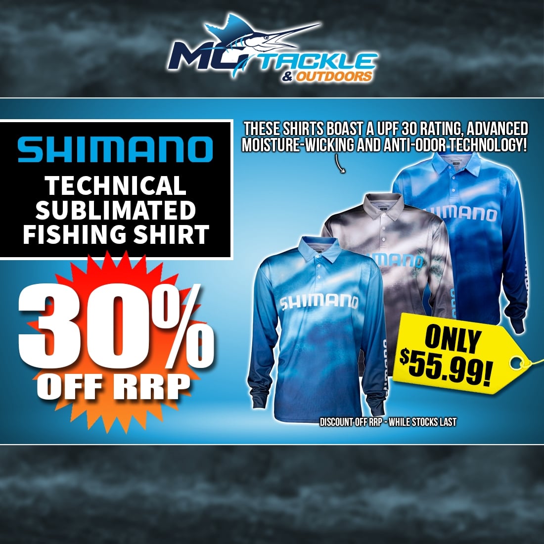 30% off SHIMANO MENS TECHNICAL SUBLIMATED FISHING SHIRT