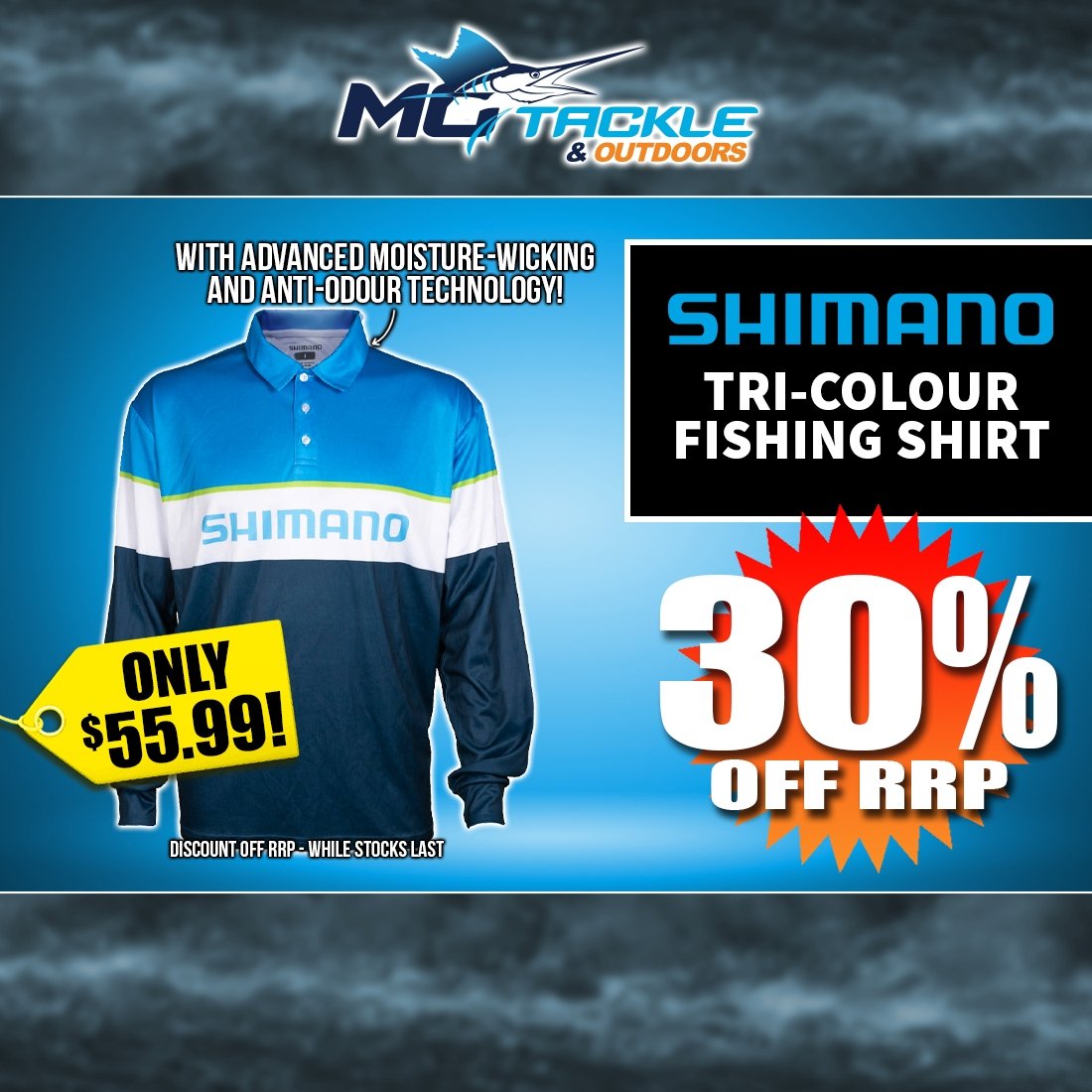 30% off SHIMANO MENS TRI-COLOUR SUBLIMATED FISHING SHIRT