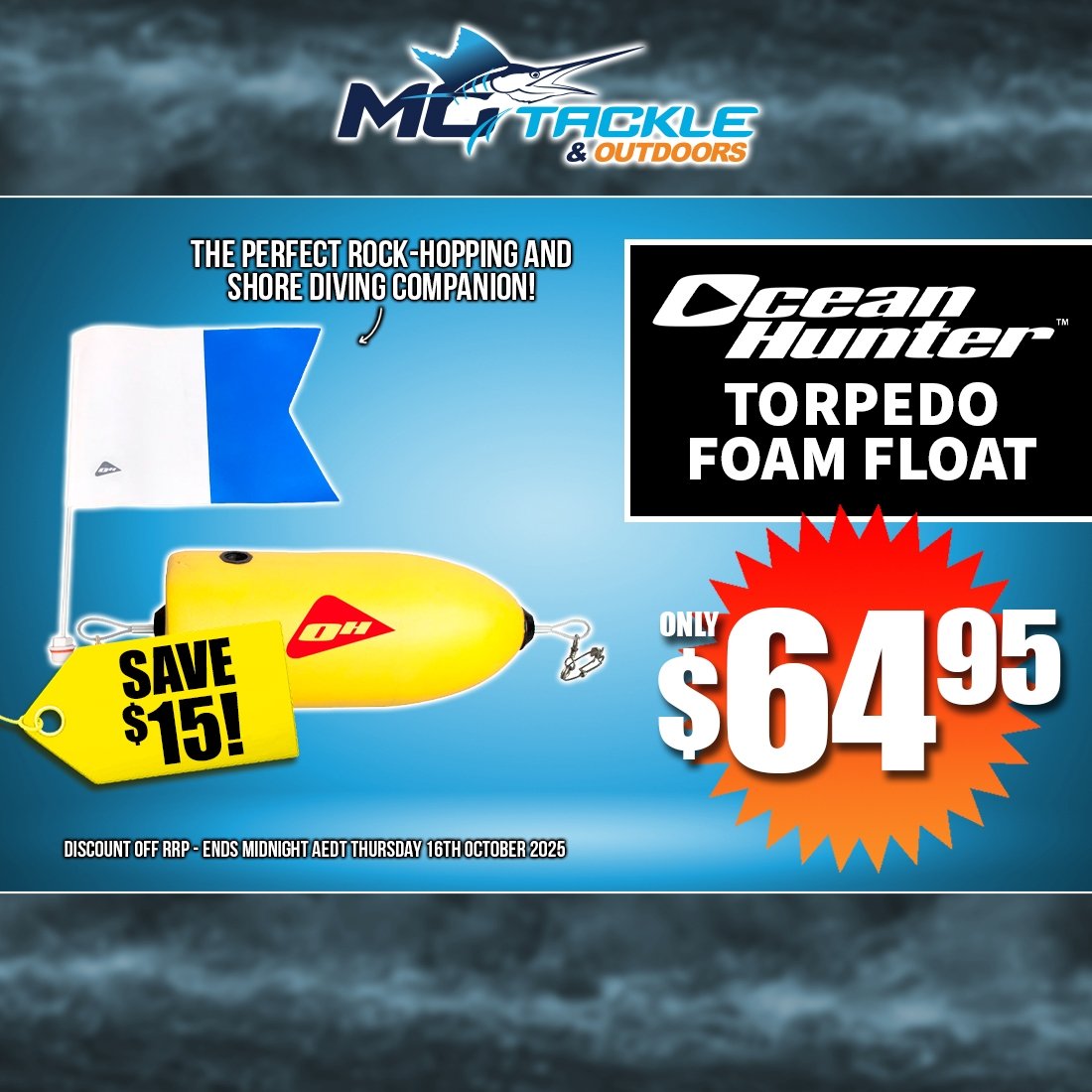 OCEAN HUNTER TORPEDO FOAM FLOAT - YELLOW only $64.95