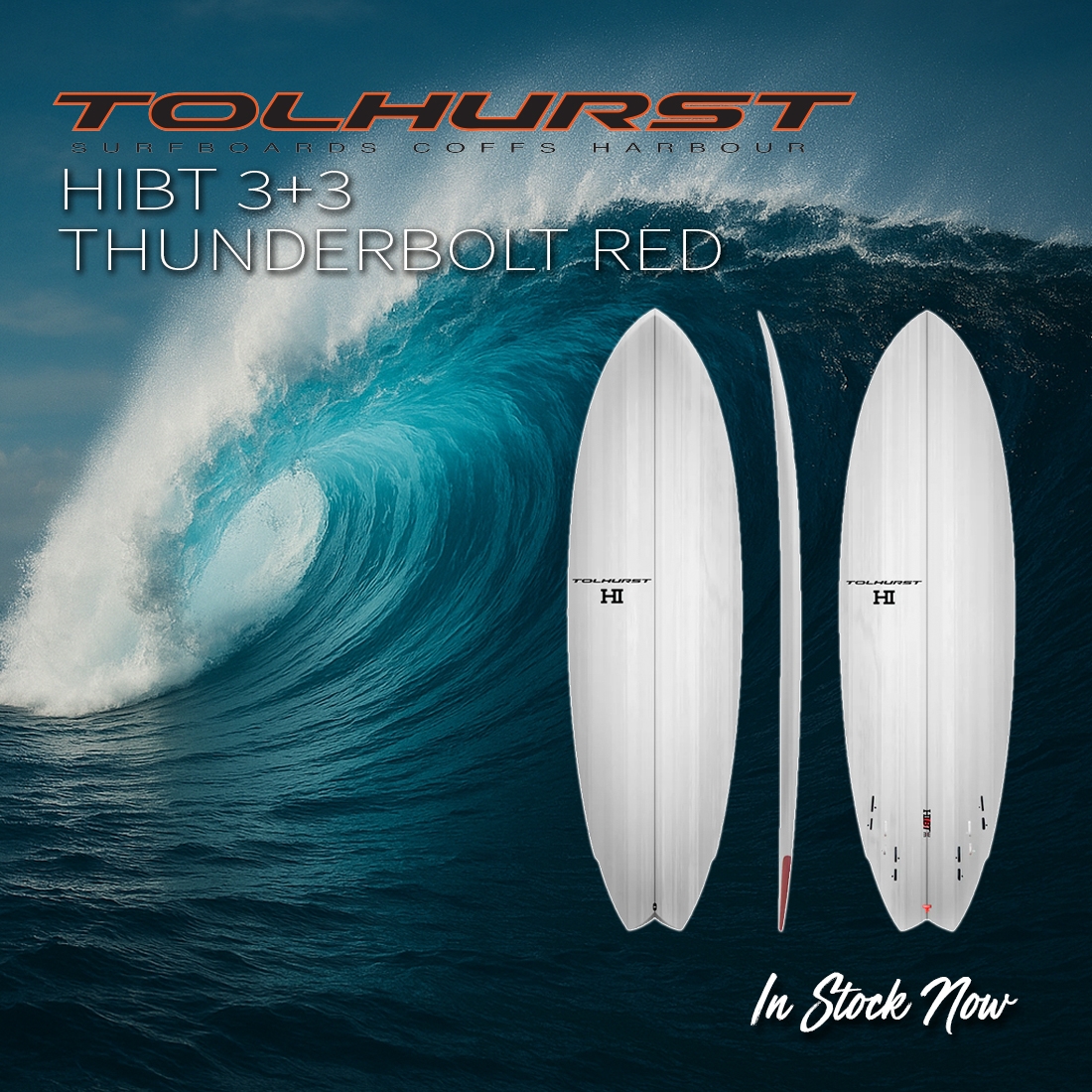 New - TOLHURST HIBT 3+3 THUNDERBOLT RED SURFBOARD