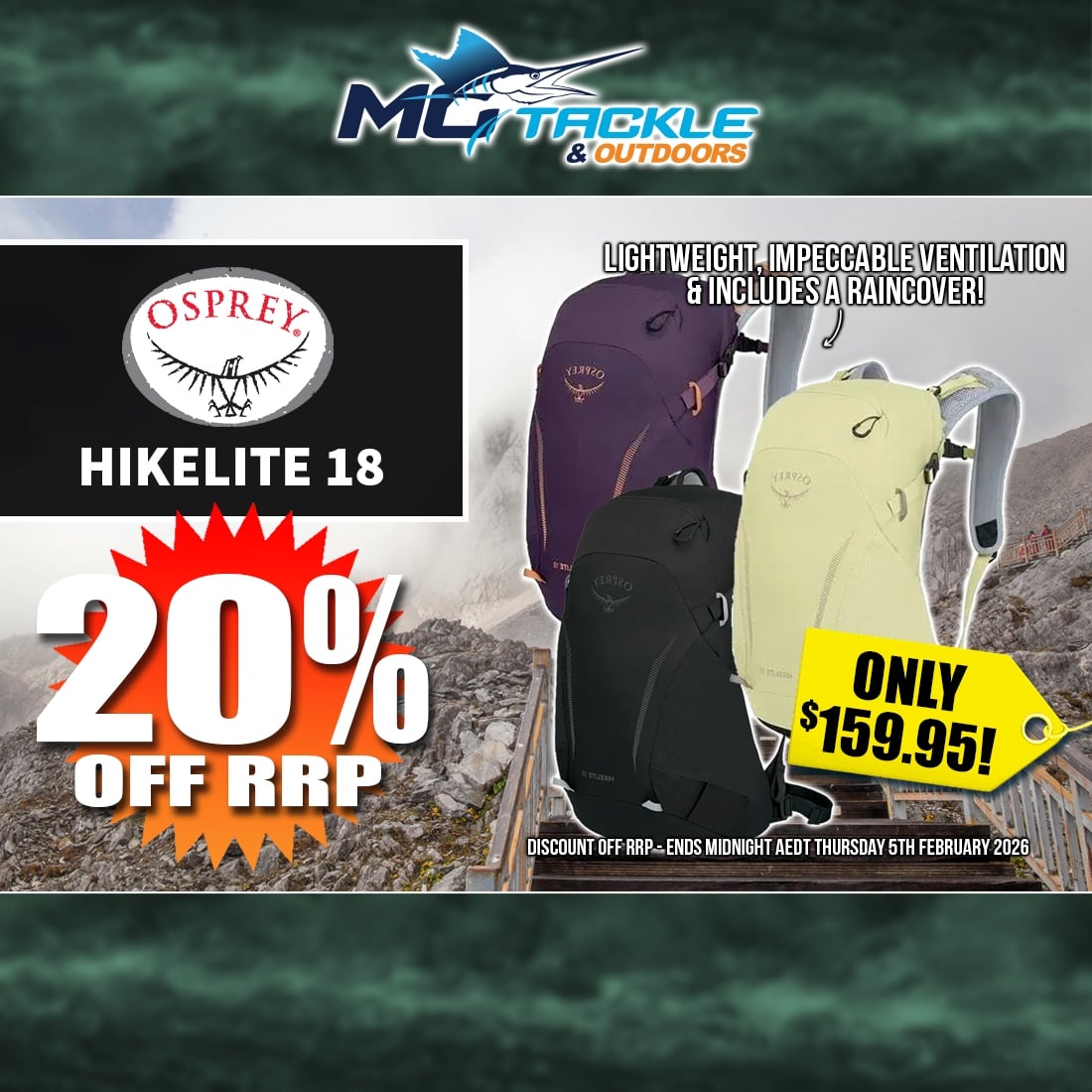 20% off OSPREY HIKELITE 18 BACKPACK