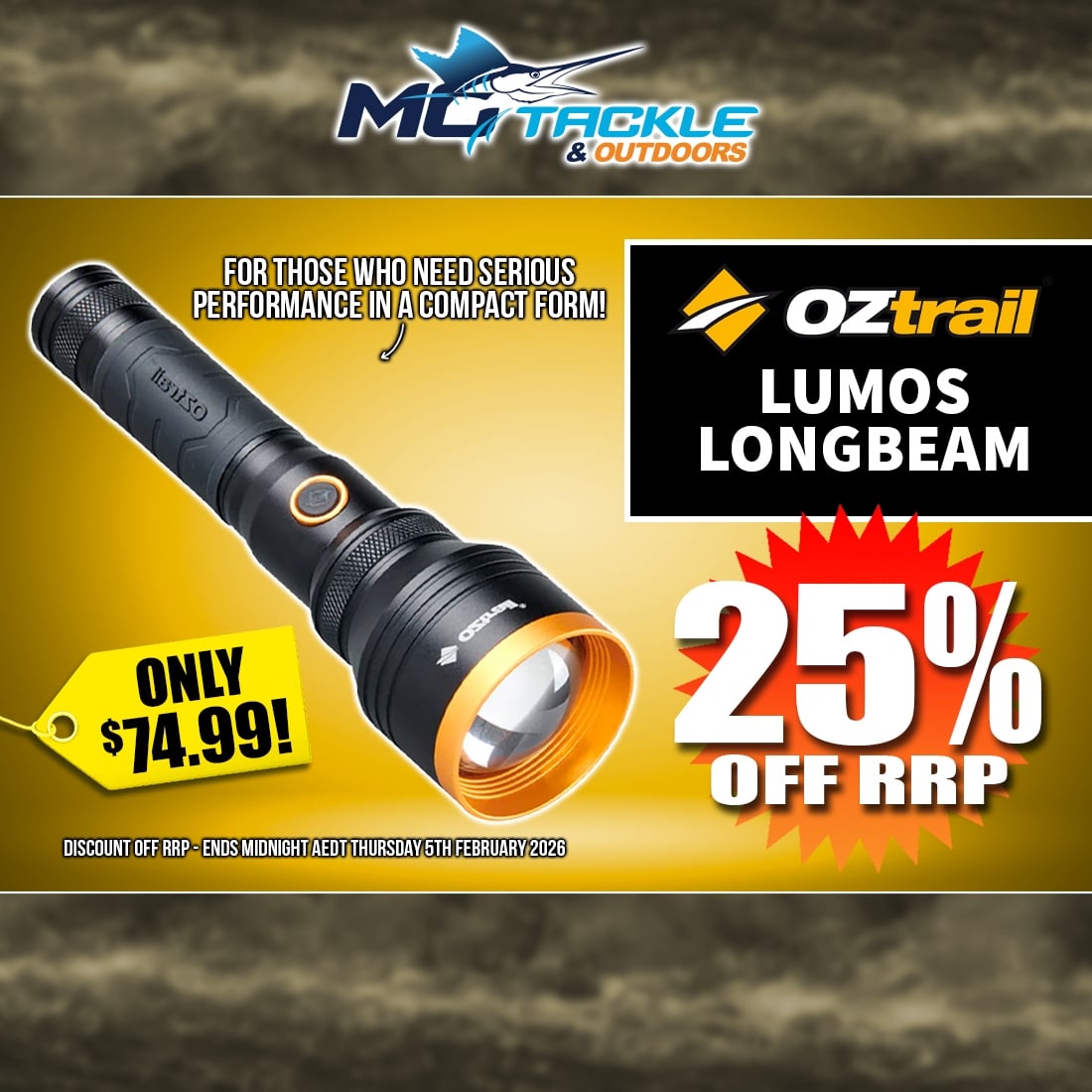 25% off OZTRAIL LUMOS LONGBEAM FLASHLIGHT