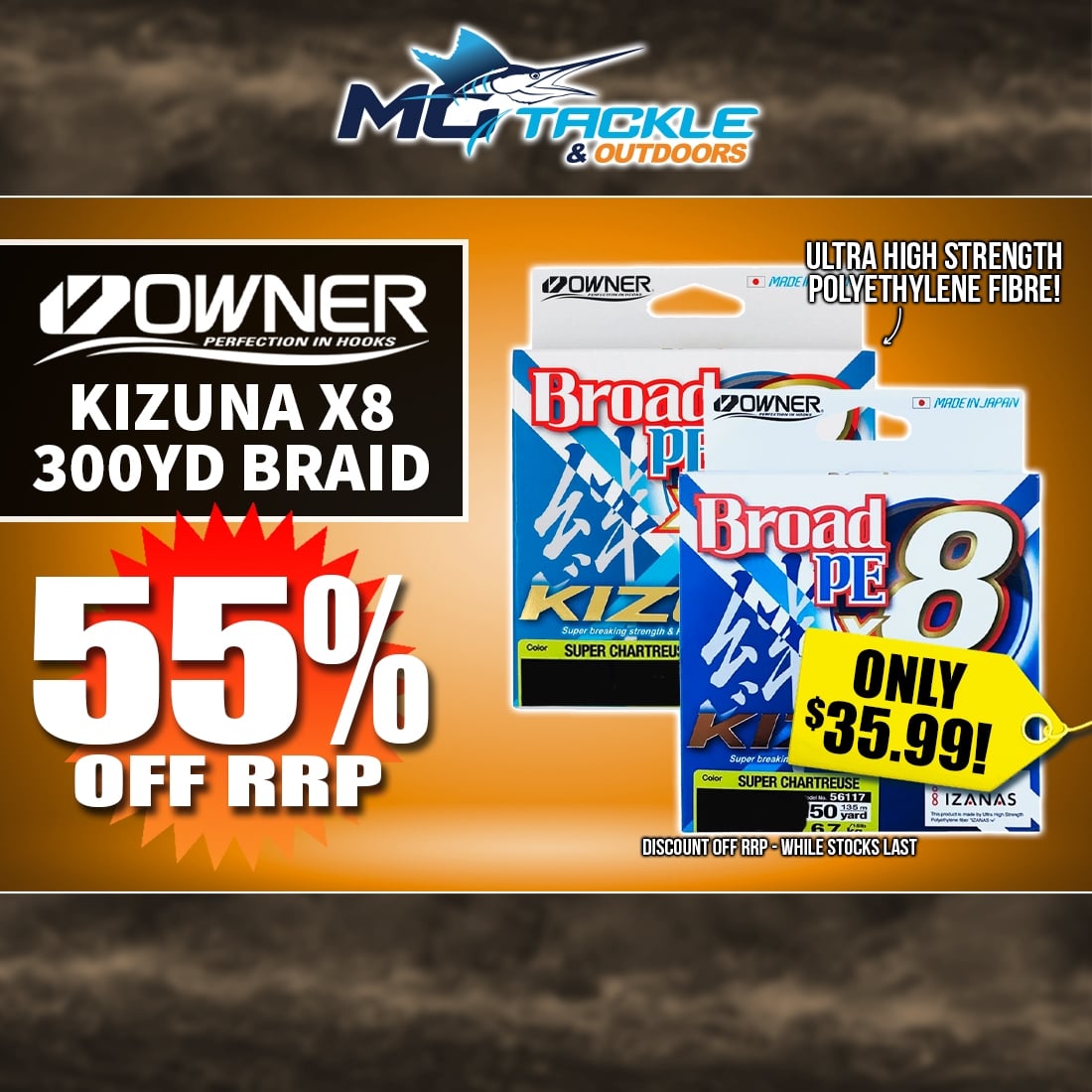 OWNER KIZUNA BROAD PE X8 BRAID - 300YD only $35.99