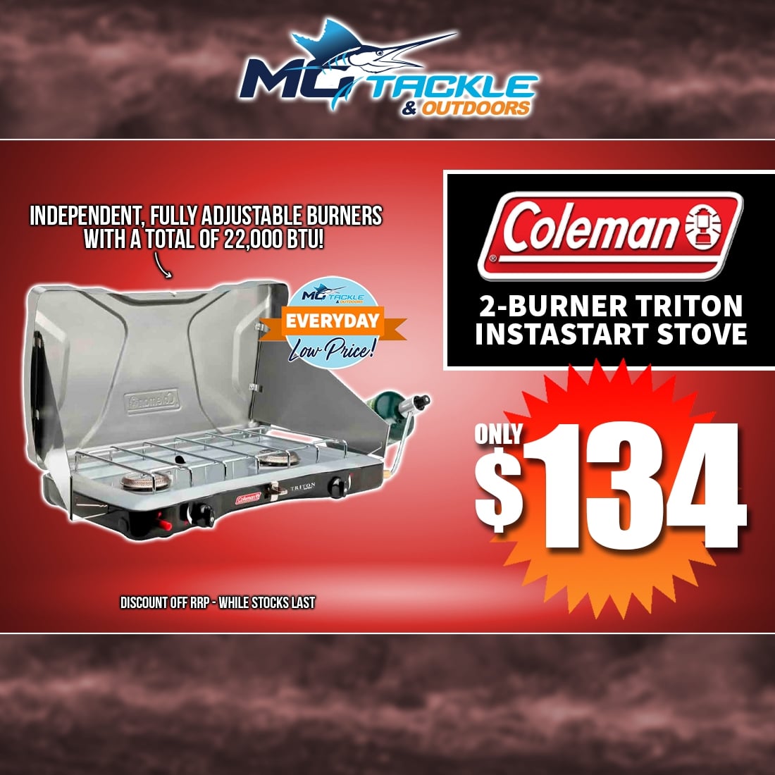 COLEMAN 2-BURNER TRITON INSTASTART PROPANE STOVE only $134