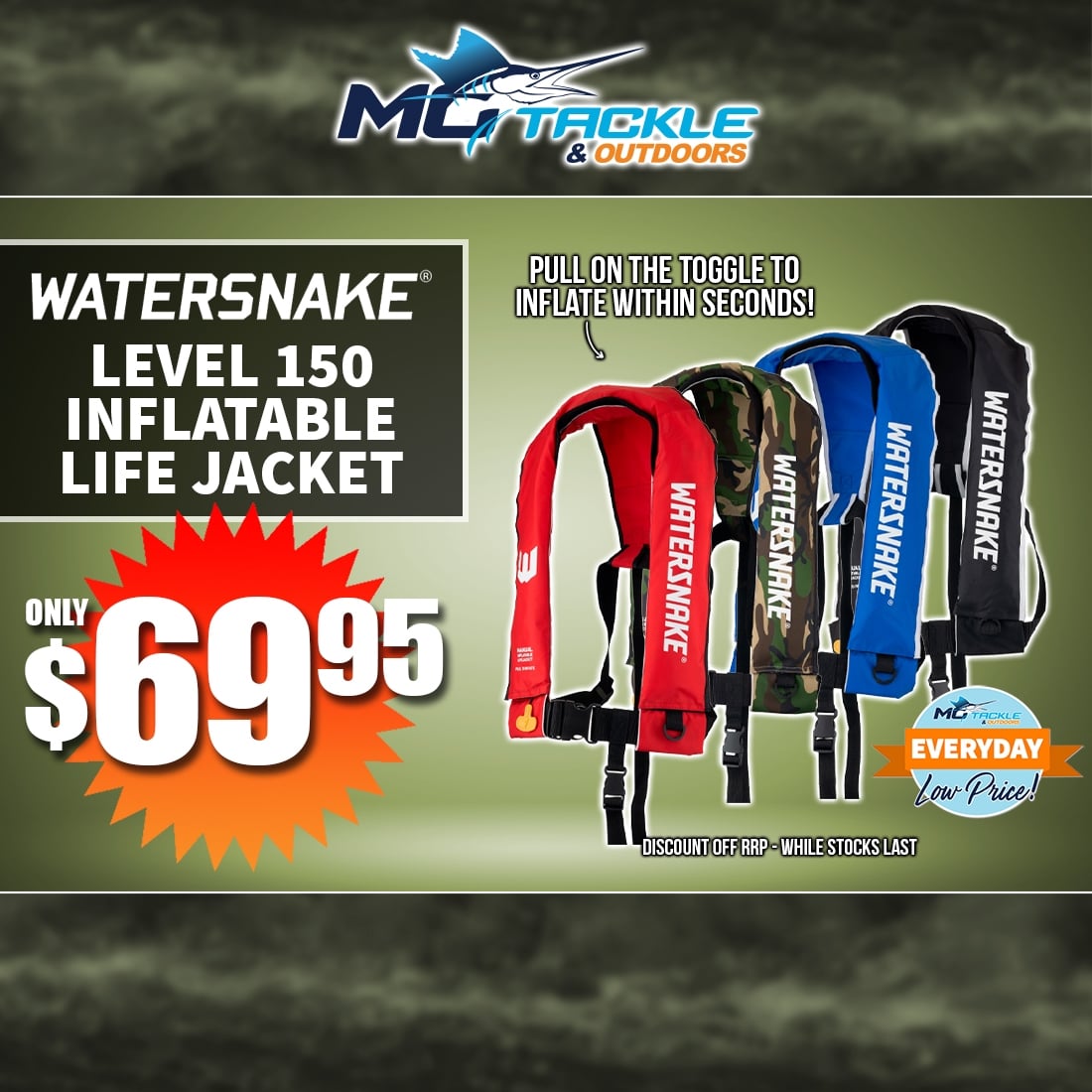 WATERSNAKE LEVEL 150 MANUAL INFLATABLE LIFEJACKET only $69.95