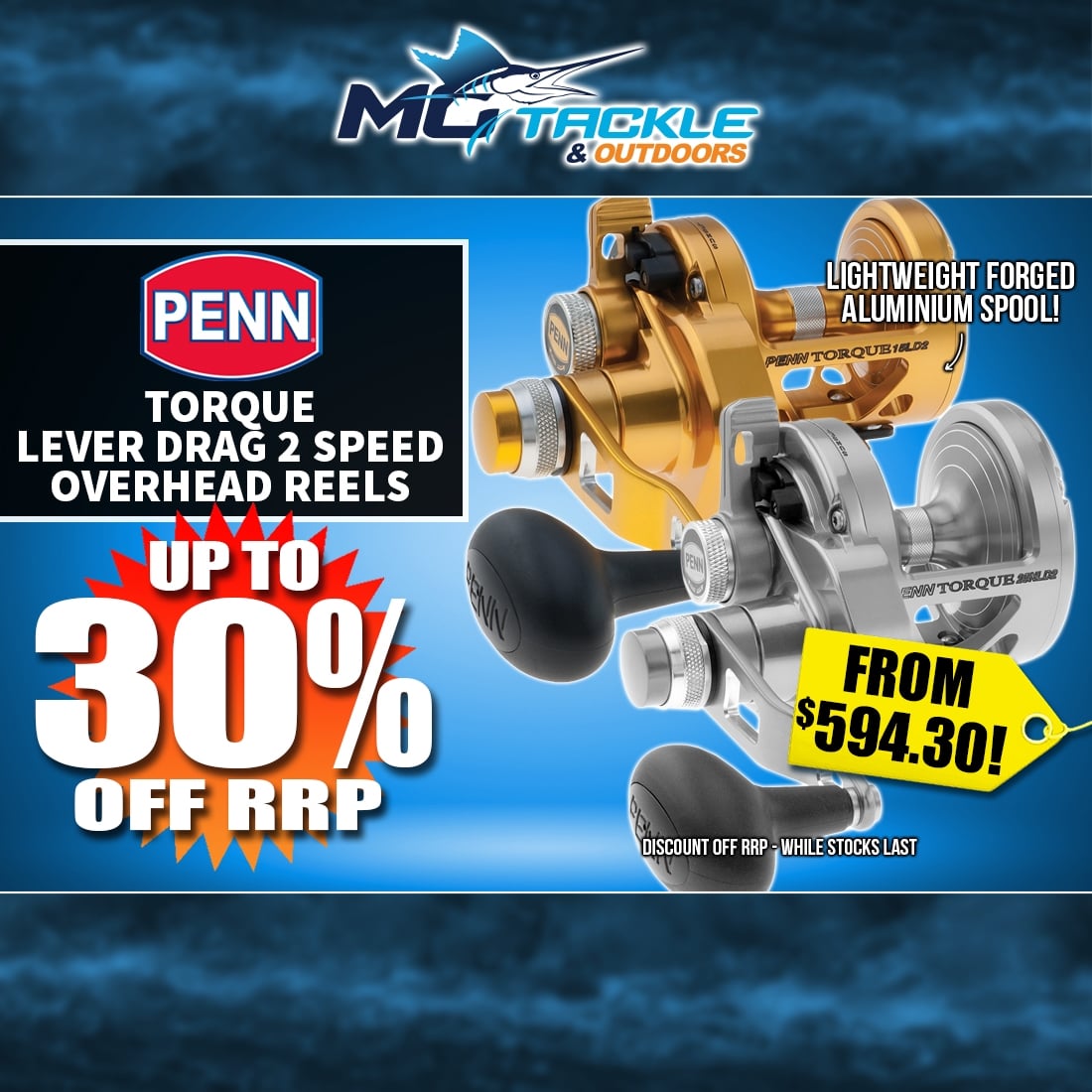 30% off Penn Torque Lever Drag 2 Speed Overhead Reel