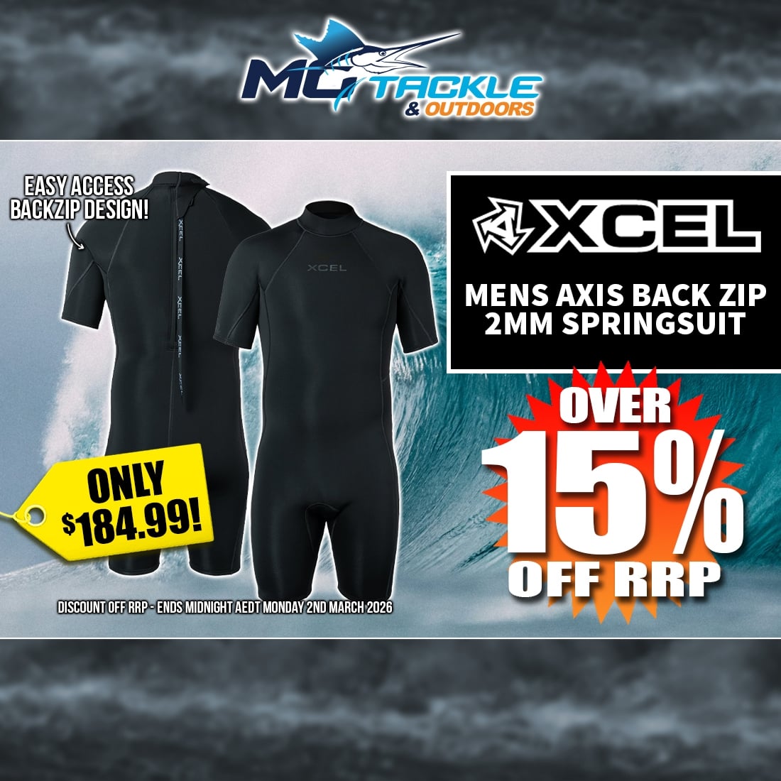 Over 15% off Xcel Mens Axis Back Zip 2mm Springsuit
