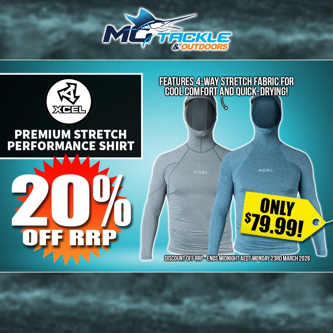 20% off XCEL MENS PREMIUM STRETCH PERFORMANCE FIT HOODED UV LONG SLEEVE SHIRT