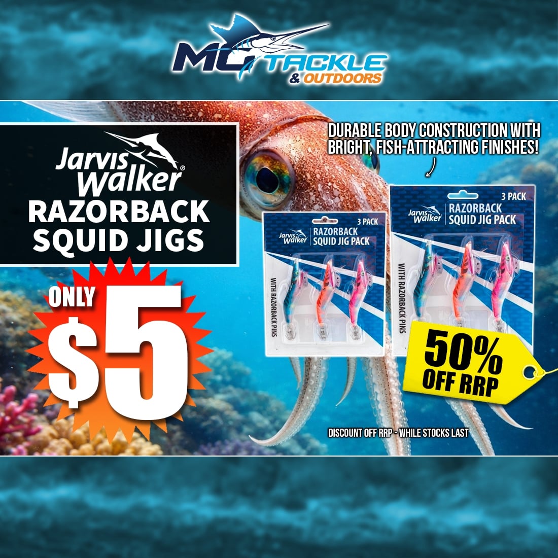 50% off JARVIS WALKER RAZORBACK SQUID JIGS 3 PACK 