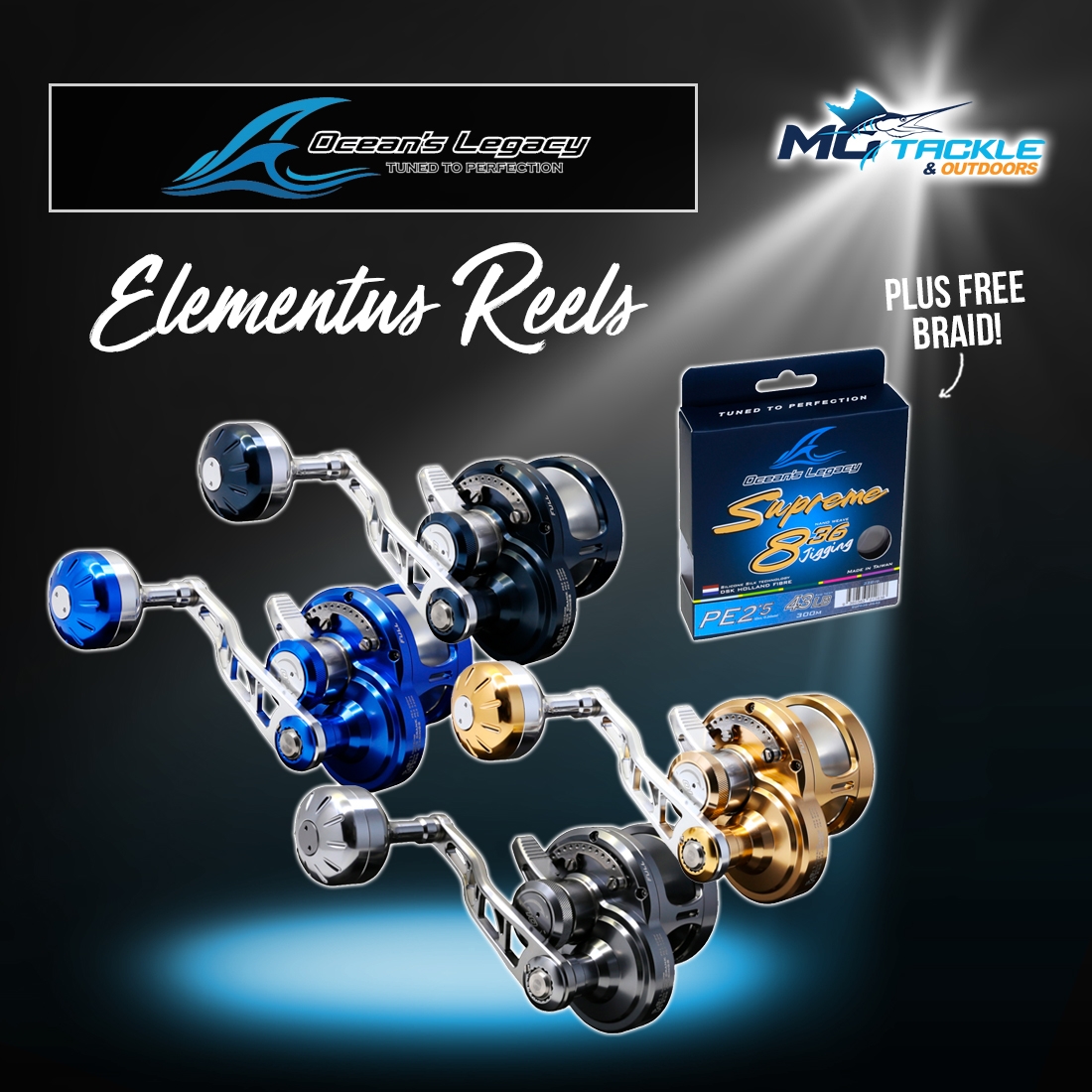 New - OCEANS LEGACY ELEMENTUS OVERHEAD REEL WITH BRAID