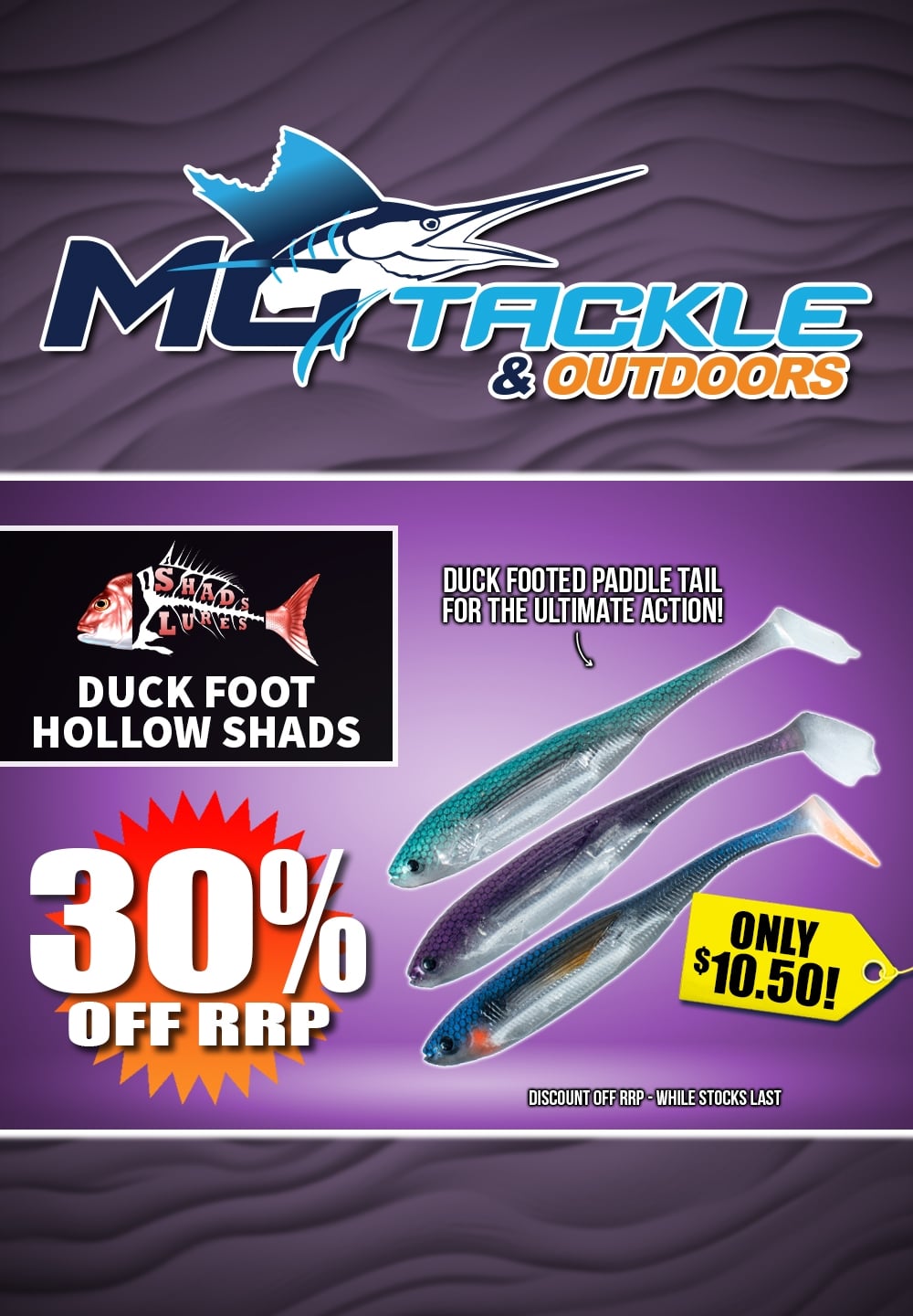 30% off SHADS LURES DUCK FOOT HOLLOW SHAD LURE