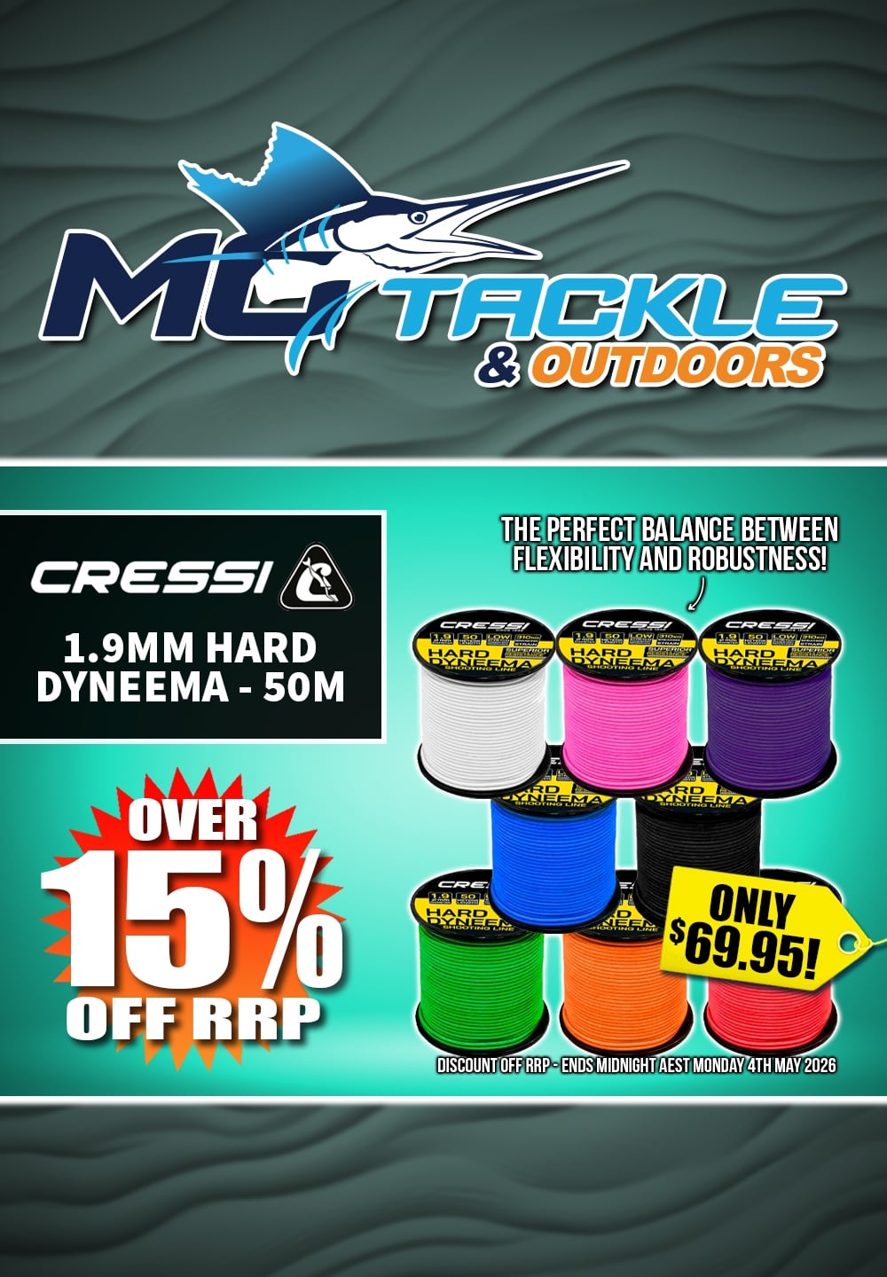 CRESSI 1.9MM HARD DYNEEMA LINE - 50M only $69.95