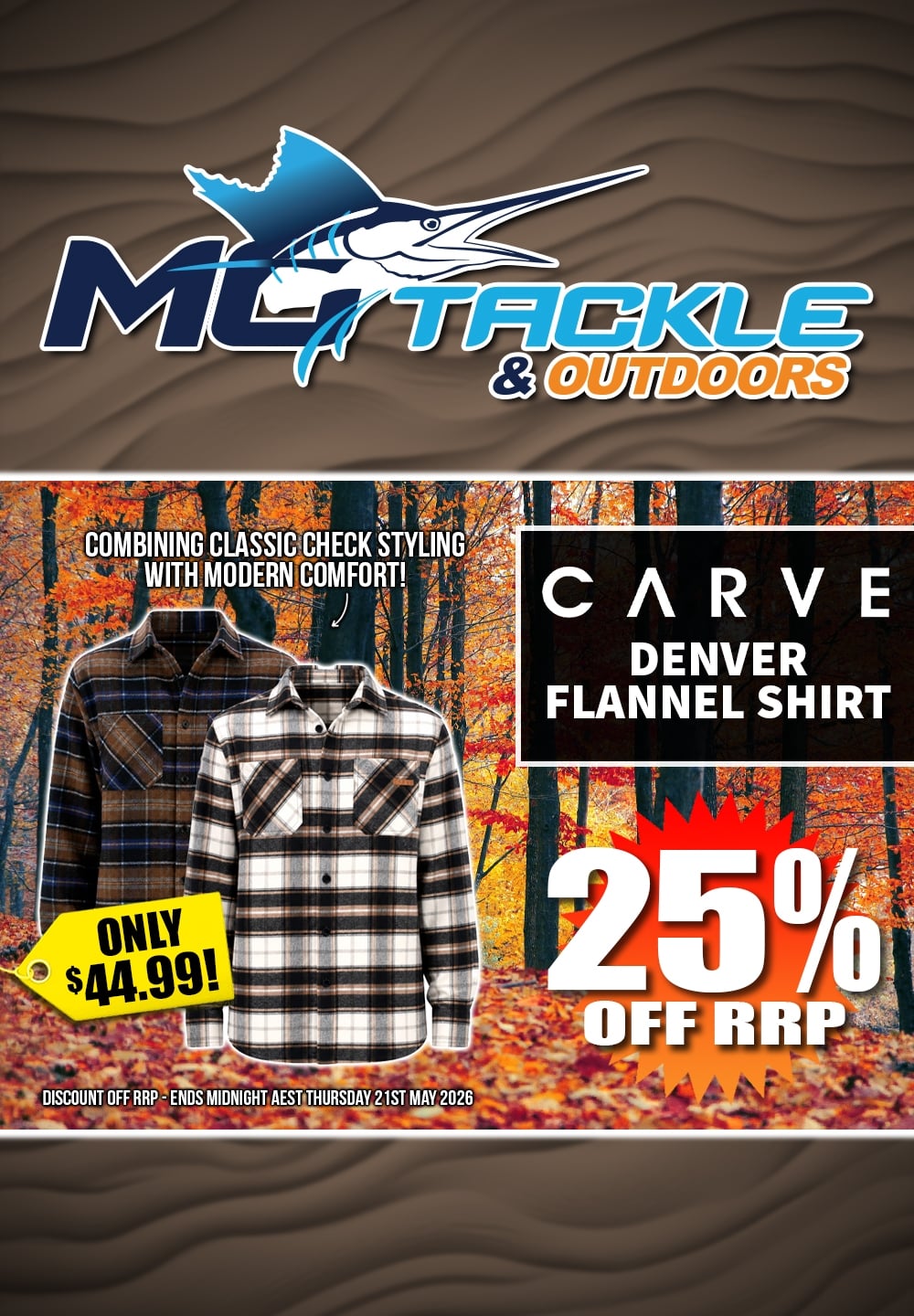 25% off CARVE MENS DENVER LONG SLEEVE FLANNEL SHIRT