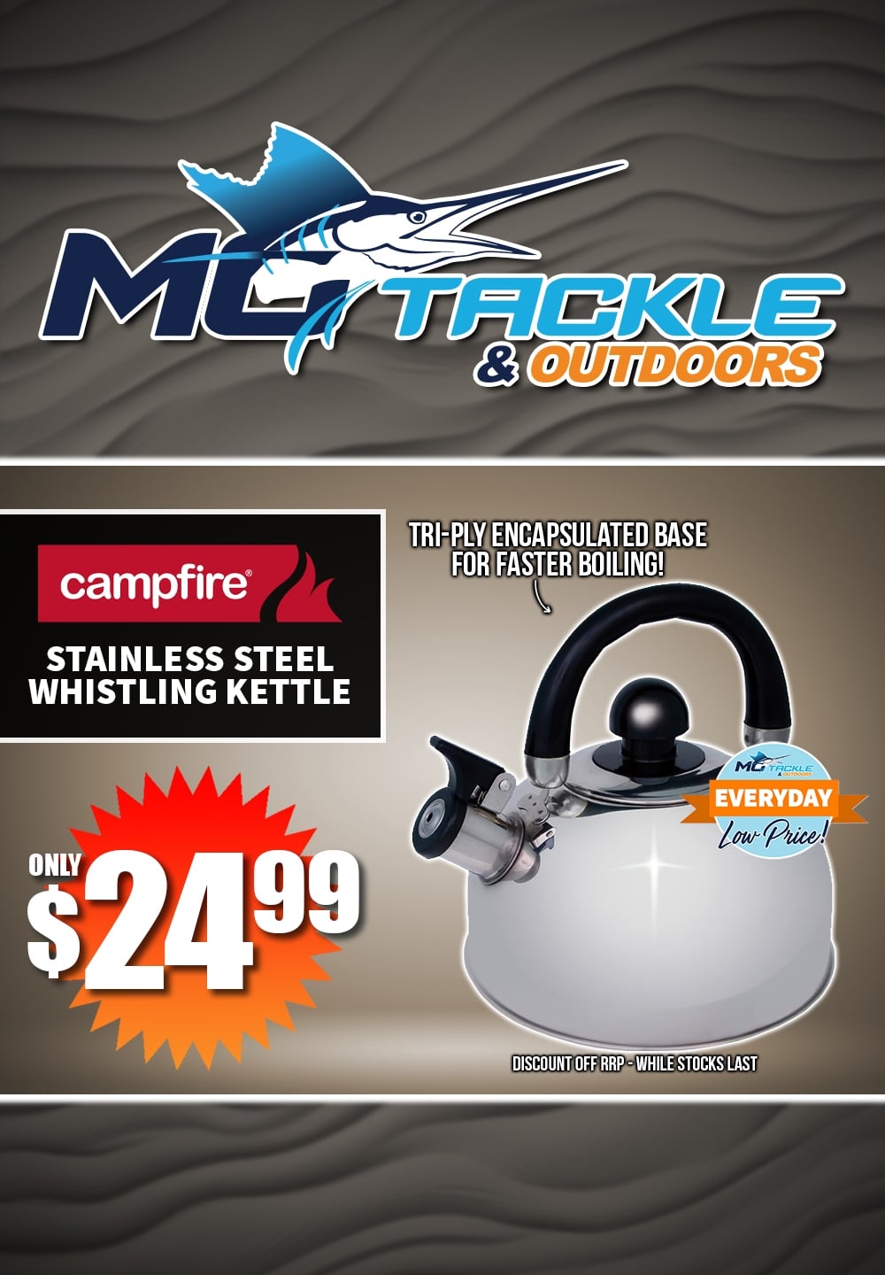 CAMPFIRE 2.5 LITRE STAINLESS STEEL WHISTLING KETTLE only $24.99