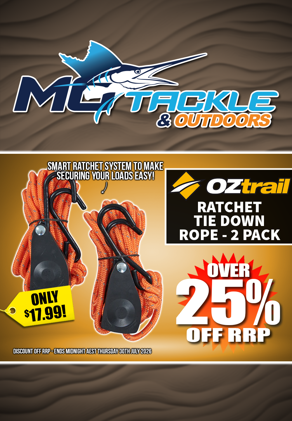 Over 25% off Oztrail Ratchet Tie Down Rope 2 Pack