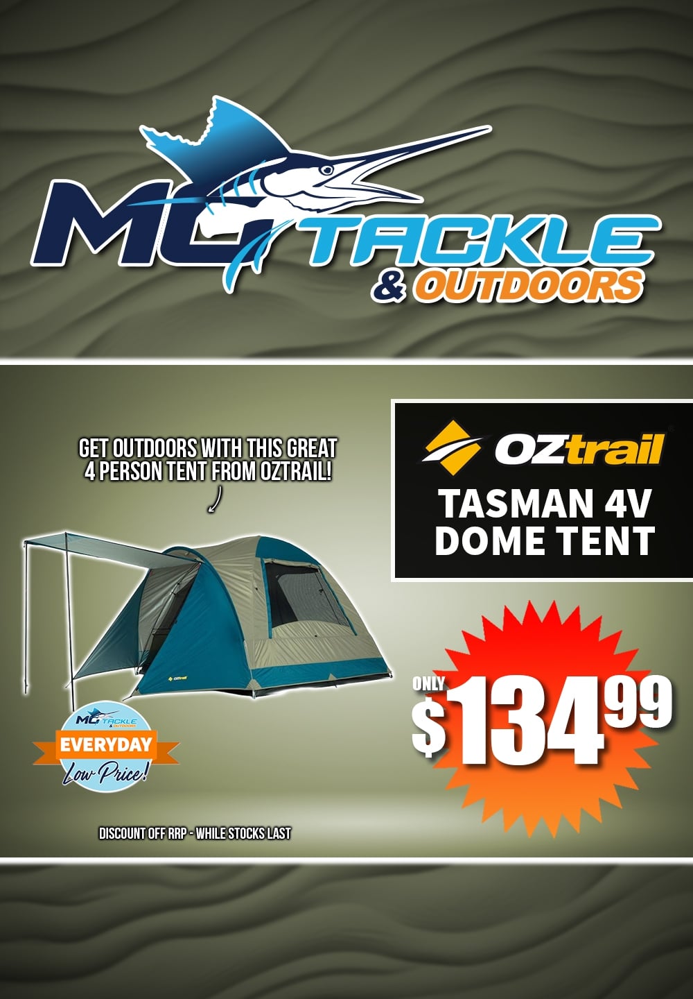 Oztrail Tasman 4V Dome Tent (D) only $124.99