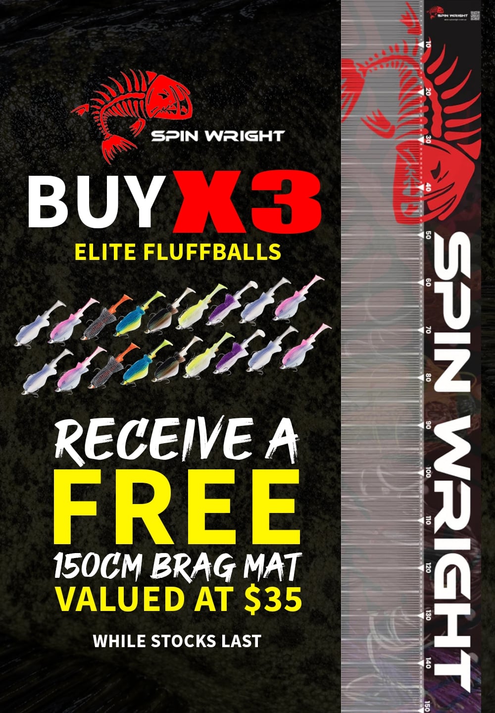 Buy 3 Spin Wright Fluffball Elite Lures and get a Free 150cm Brag Mat