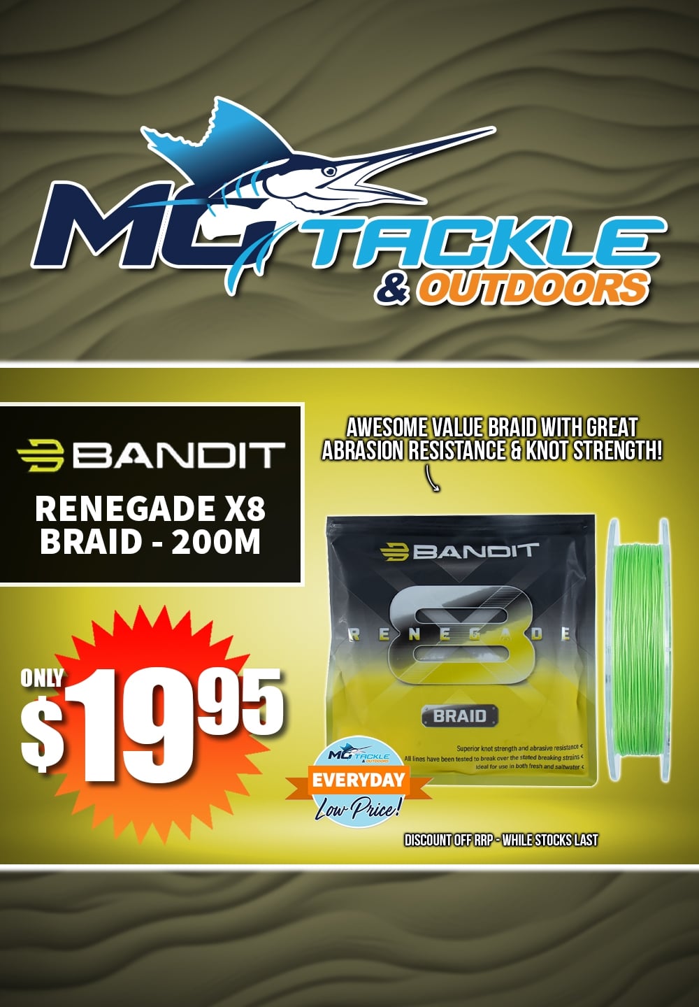 Bandit Renegade X8 Braid - 200m only $19.95
