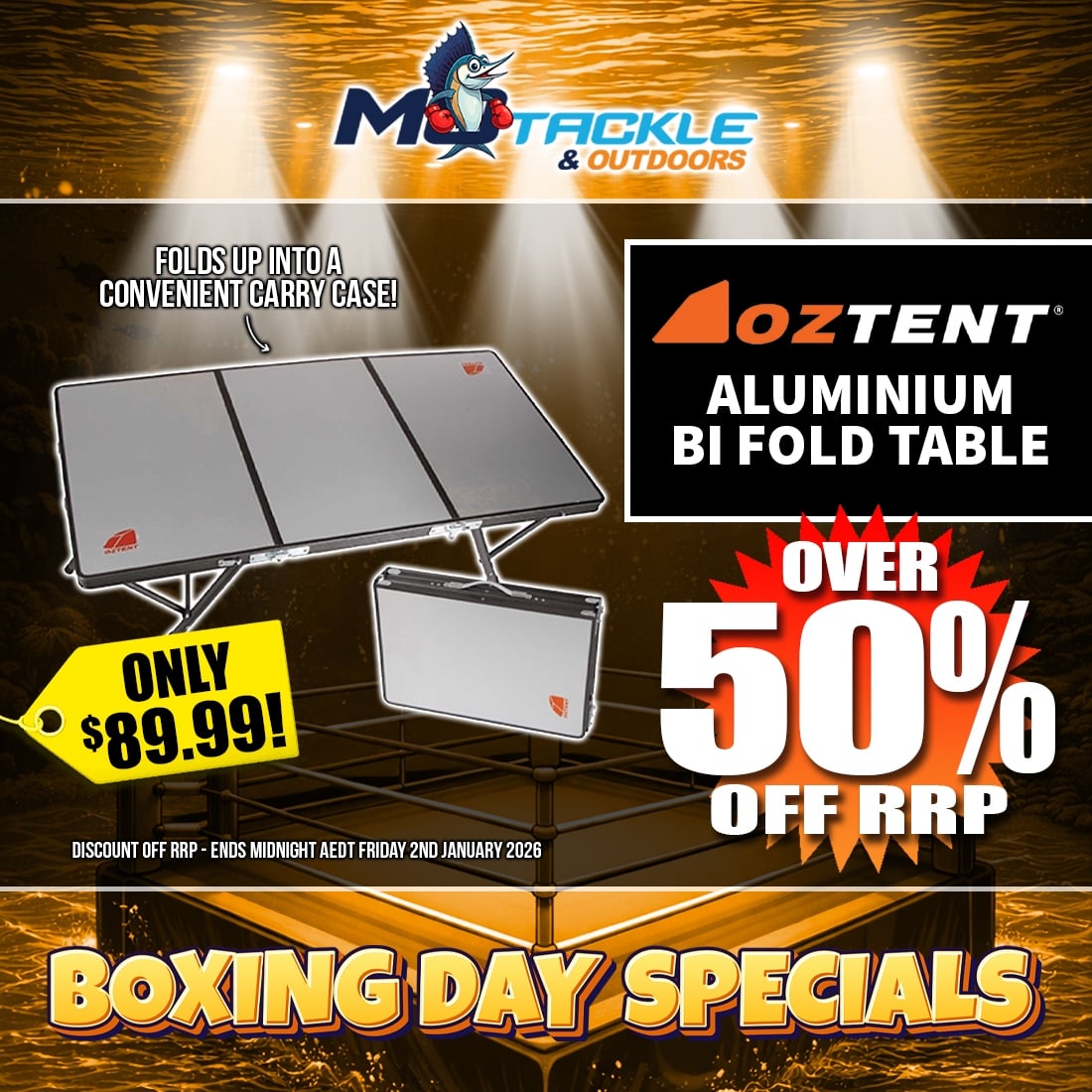 OZTENT BI FOLD TABLE - ALUMINIUM SURFACE only $89.99